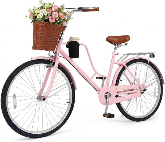 Goplus 24/26-Inch Beach Cruiser Bike for Women w/ Cup Holder Basket & Front Rear Reflectors