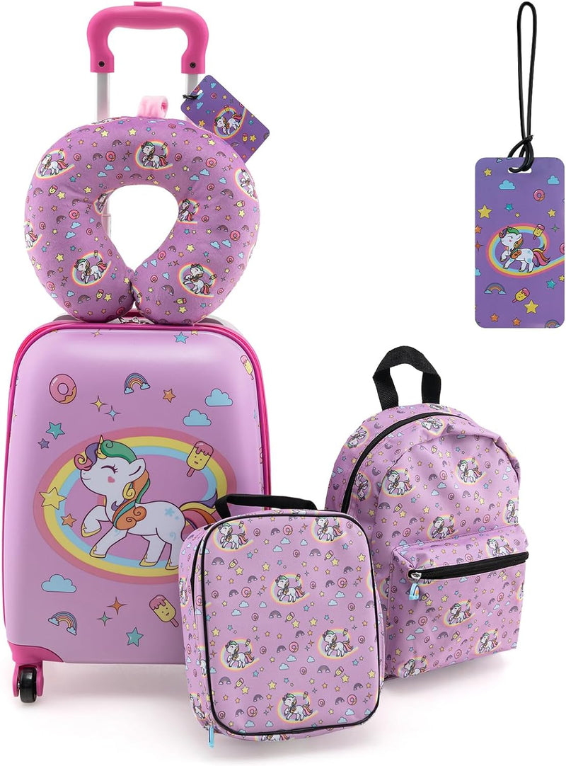 Load image into Gallery viewer, Goplus 5 Piece Kid’s Luggage Set, 15” Carry on Suitcase w/13” Backpack, Neck Pillow, Lunch Bag
