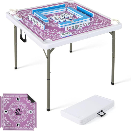 Goplus Mahjong Table, 35" Square Folding Card Table w/4Cup Holders, Anti Slip Mat, HDPE Tabletop w/Removable Mat