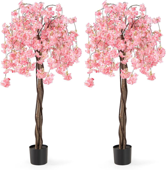Goplus 5.5FT Artificial Cherry Blossom Tree Faux Floral Plant Blooming Tree in Nursery Pot