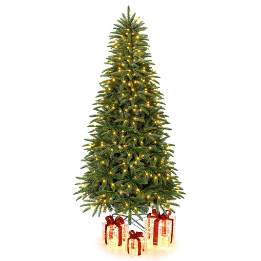 Goplus 5ft/6ft/7ft Pre-Lit Hinged Christmas Tree with 3 Lighted Gift Boxes
