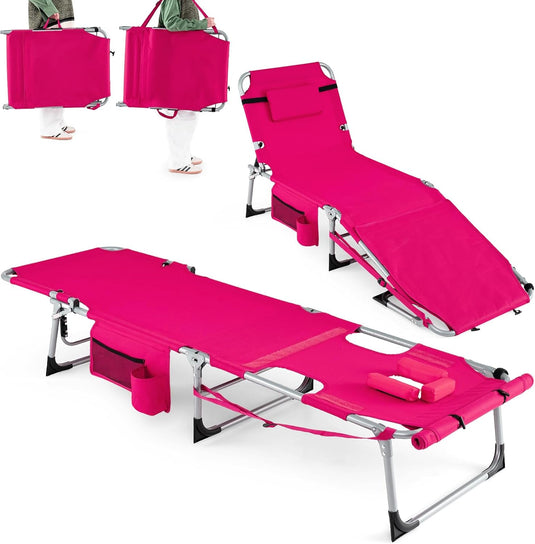 Goplus Tanning Chair with Face Arm Holes w/4-Level Backrest & Head Pillow for Pool Beach