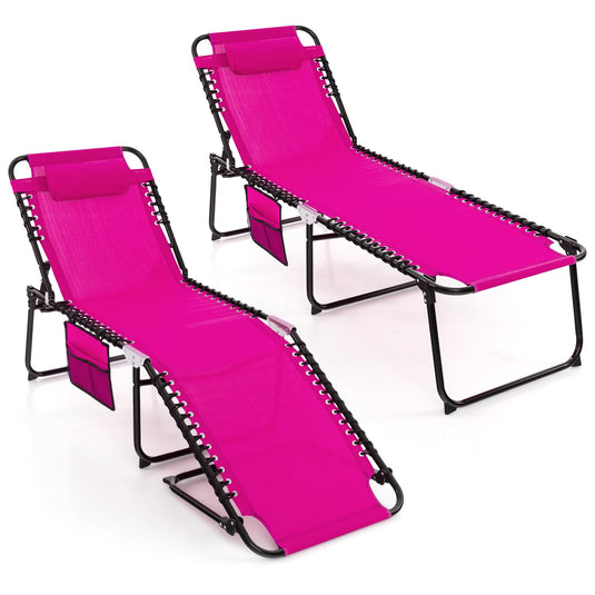 Patio Folding Chaise Lounge, Portable Lay Flat Reclining Chair w/ 4-Level Backrest, Side Pocket & Detachable Headrest