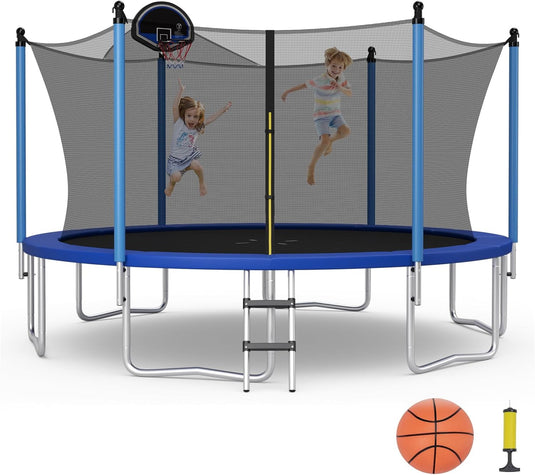 Goplus 12FT 14FT 15FT ASTM Approved Trampoline with Basketball Hoop and Internal-Net
