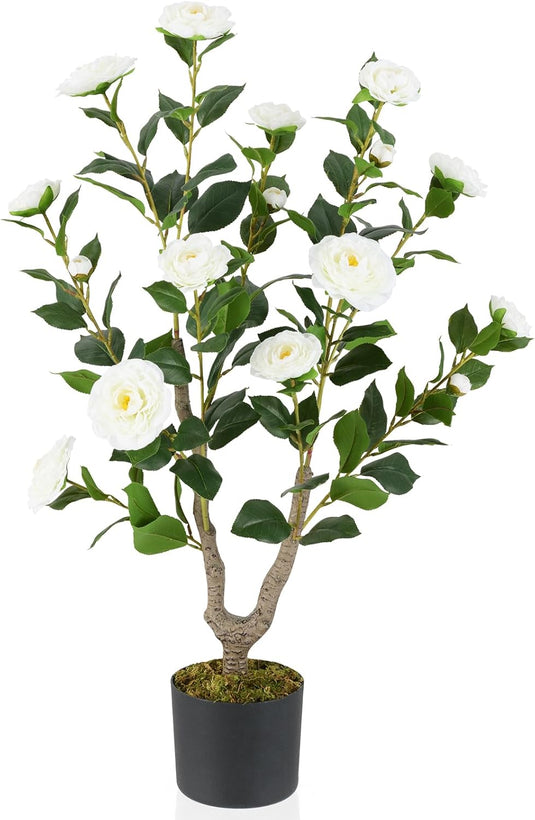 Goplus 36’’ Artificial Camellia Tree Faux Floral Plant Blooming Tree in Nursery Pot