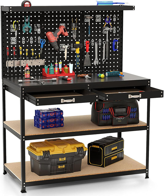 Goplus Workbench, Work Table with Drawer, Pegboard, Hanging Accessories, Topping Space, 48" x 24" with Drawer