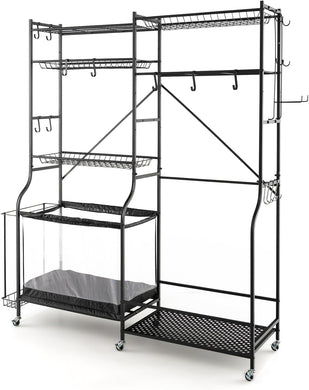 Goplus Garage Sports Equipment Organizer, Ball Storage Rack w/Rolling Wheels, Basket, Adjustable Shelves