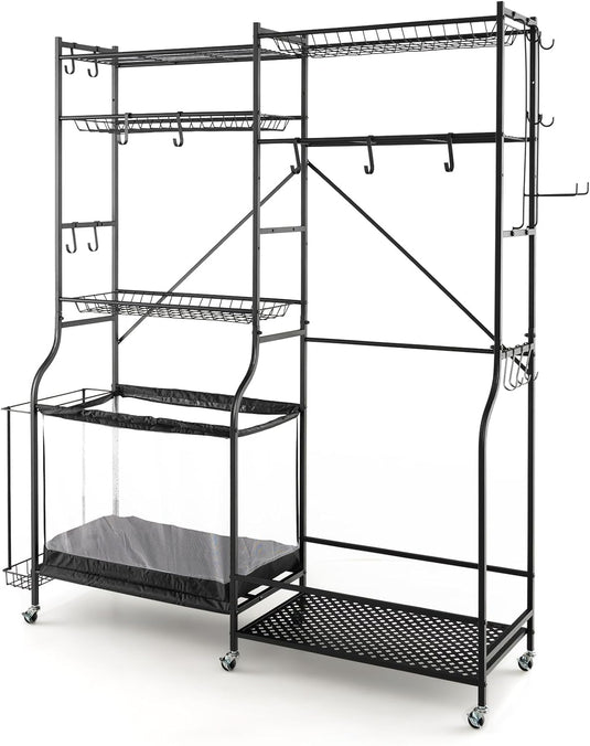 Goplus Garage Sports Equipment Organizer, Ball Storage Rack w/Rolling Wheels, Basket, Adjustable Shelves
