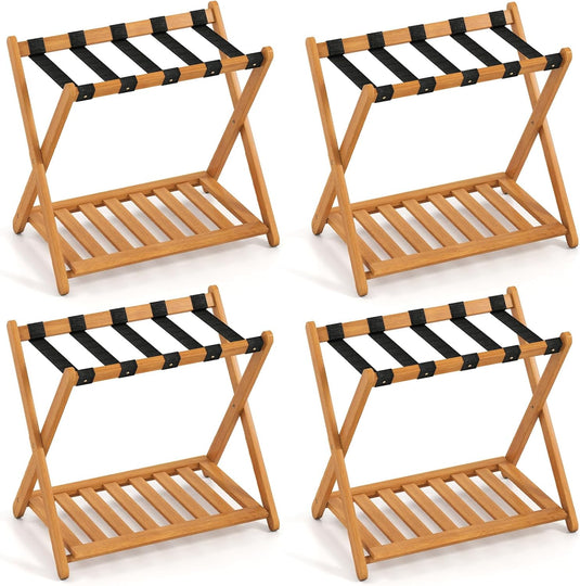 Goplus Luggage Rack Set of 2 or 4 Folding Acacia Wooden Suitcase Stand