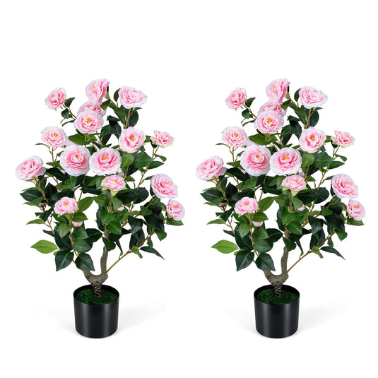 Goplus 35.5" Artificial Camellia Tree Faux Floral Plant Blooming Tree in Cement Pot