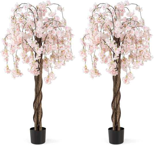 Goplus 5.5FT Artificial Cherry Blossom Tree Faux Floral Plant Blooming Tree in Nursery Pot