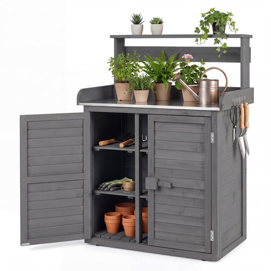 Goplus Outdoor Potting Bench Table, Gardening Table w/Storage Cabinet, Galvanized Metal Tabletop