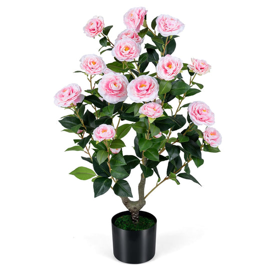 Goplus 35.5" Artificial Camellia Tree Faux Floral Plant Blooming Tree in Cement Pot