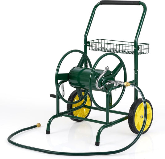 Goplus Heavy-Duty Metal Hose Cart w/2 Wheels & Storage Basket | 230 FT of 5/8" Large Capacity