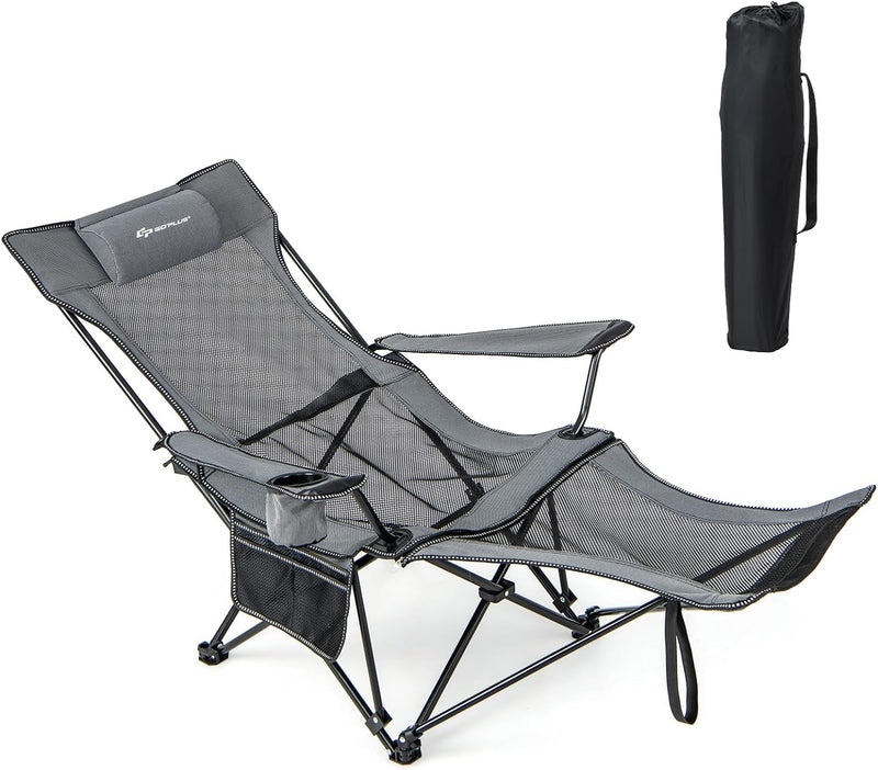 Load image into Gallery viewer, Goplus Reclining Camping Chair with Foot Rest, Folding Lounge Chair for Adults, w/Adjustable Backrest
