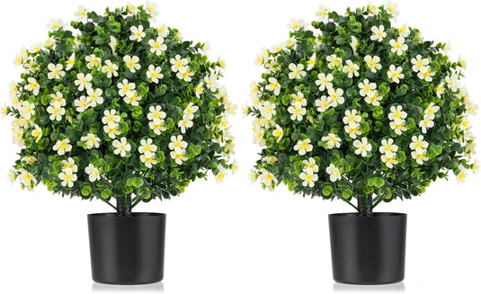 Goplus Set of 2 Faux Potted Plants Artificial Shrubs Bushes with Flowers