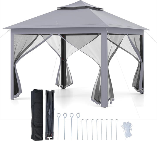 Goplus 11 ft × 11 ft Pop up Gazebo w/Mesh Netting Sidewalls Vented Top Drainage Holes