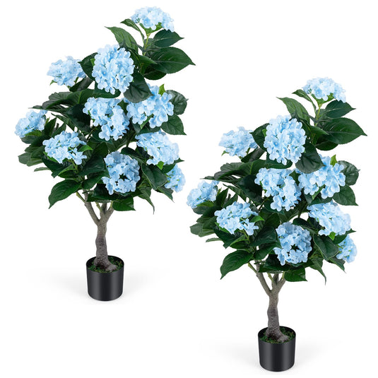 Goplus 2 Pack Artificial Hydrangea Tree w/11 Flowers & Realistic Trunk in Plastic Nursery Pot