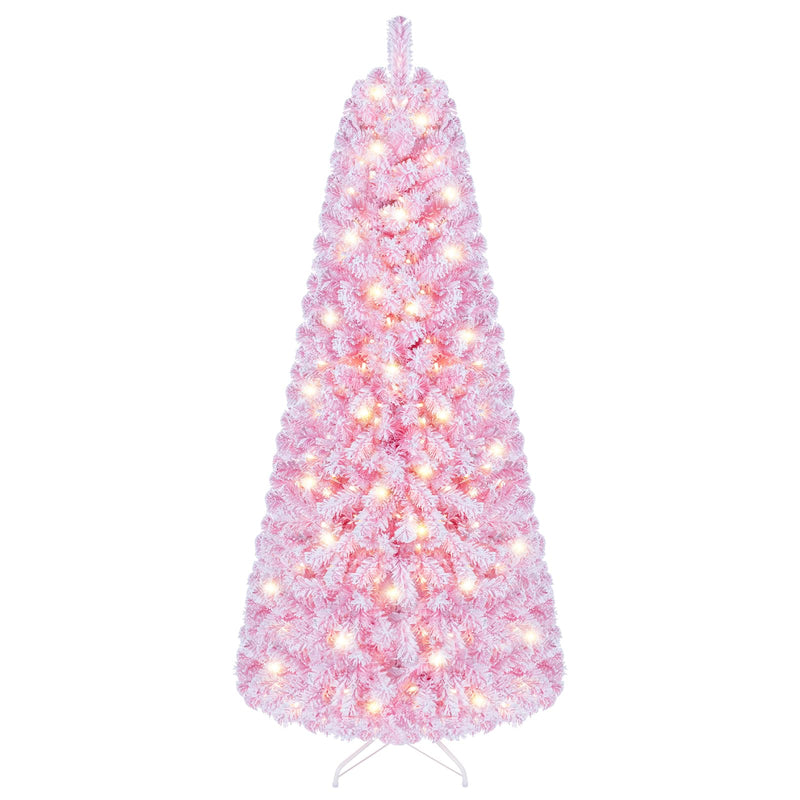 Load image into Gallery viewer, Goplus 5ft/6ft/7ft Pink Pre-Lit Flocked Christmas Trees | Hinged Artificial Xmas Tree
