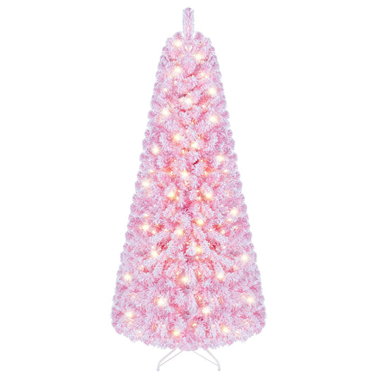 Goplus 5ft/6ft/7ft Pink Pre-Lit Flocked Christmas Trees | Hinged Artificial Xmas Tree