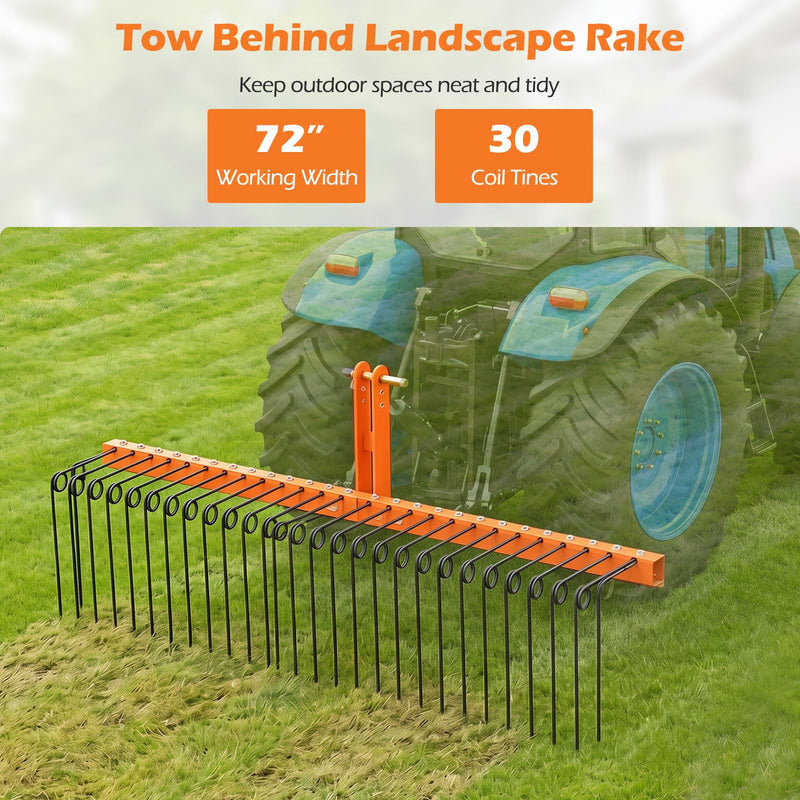 Load image into Gallery viewer, Goplus 72" Pine Straw Rake Tow Behind Landscape Rake with 30 Metal Coil Tines
