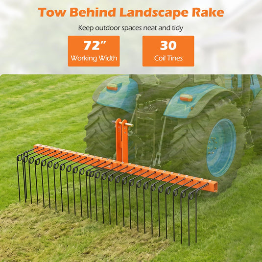 Goplus 72" Pine Straw Rake Tow Behind Landscape Rake with 30 Metal Coil Tines