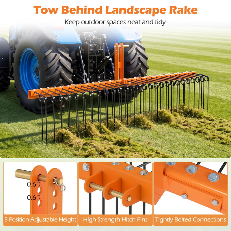 Load image into Gallery viewer, Goplus 72" Pine Straw Rake Tow Behind Landscape Rake with 30 Metal Coil Tines
