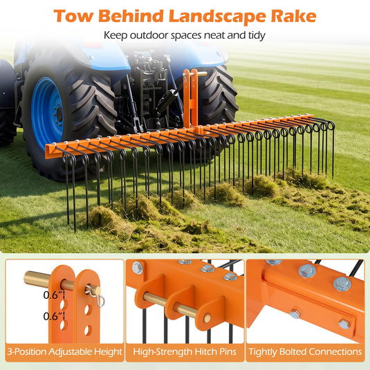Goplus 72" Pine Straw Rake Tow Behind Landscape Rake with 30 Metal Coil Tines