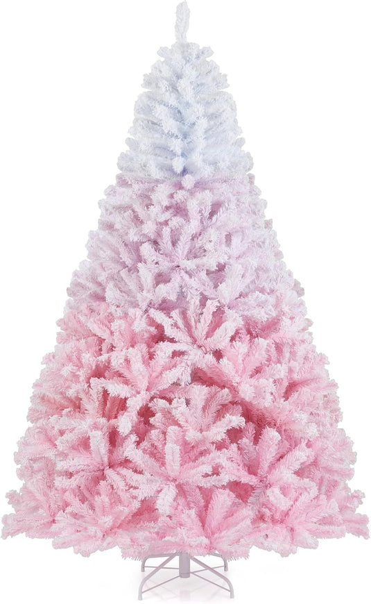 Goplus Pink Gradient & White Snow Flocked Christmas Tree | Home Office Decoration
