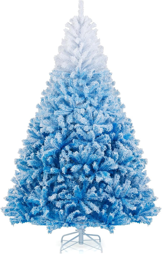 Goplus Snow Flocked Christmas Tree with Lush Branch Tips & Foldable Metal Stan ( Blue Gradient & White )