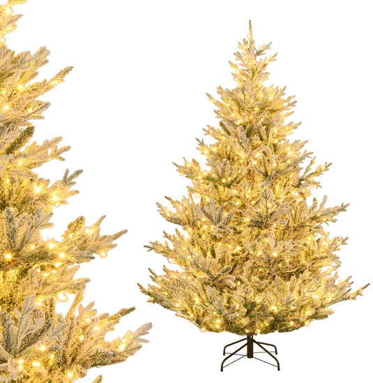 Goplus 6FT / 7FT / 8FT Pre-Lit Snow Flocked Christmas Tree | Holiday Home Office Decoration