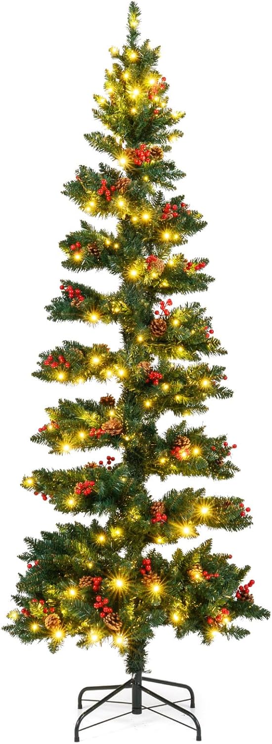 Load image into Gallery viewer, Goplus 6FT / 7FT Pre-Lit Spiral Christmas Tree with Branch Tips Pine Cones Red Berries
