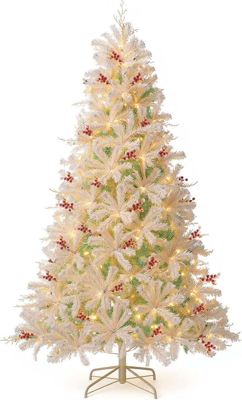 Load image into Gallery viewer, Goplus 6FT / 7FT Hinged Lighted Xmas Tree with Snow Flocked Branch Tips &amp; LED Lights
