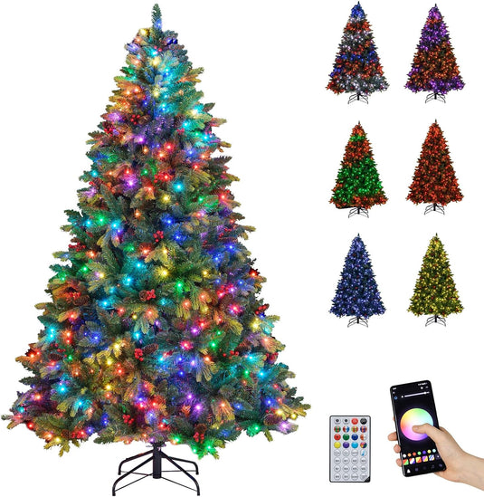 Goplus Smart Pre-Lit Artificial Christmas Tree with Remote Control APP-Controlled Multicolored RGB Lights