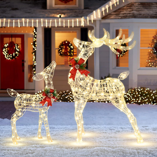 Goplus Lighted Christmas Reindeer Decoration | 4.4 FT & 3 FT Pre-Lit Indoor Outdoor Xmas Deer Set
