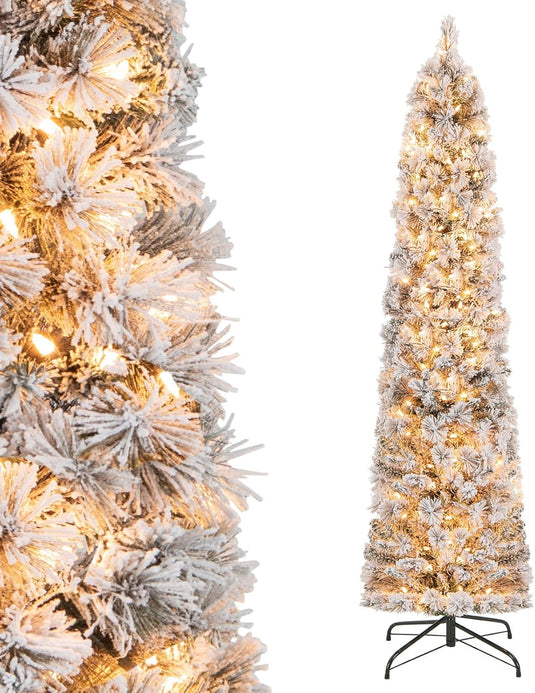 Goplus Pre-Lit Snow Flocked Pencil Christmas Tree for Home Office Holiday Decor