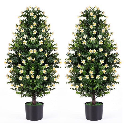 Goplus Set of 2 Artificial Topiary Trees | 3 FT Fake Bushes w/ Round Leaves and Blossoms
