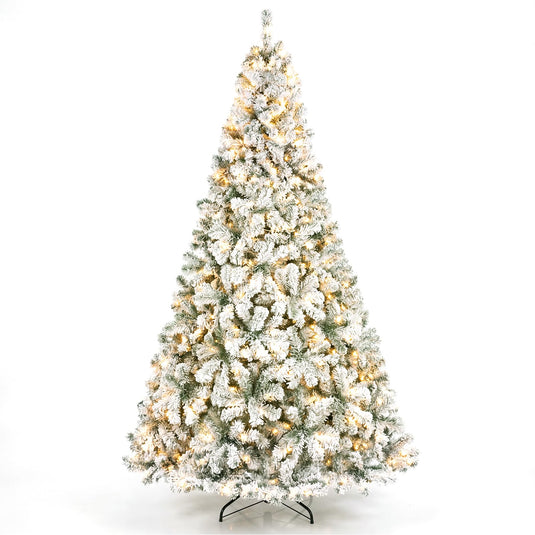 Goplus 6ft/7.5ft Pre-Lit Snow Flocked Christmas Tree with LED Lights | Holiday Decoration Snowy Tree