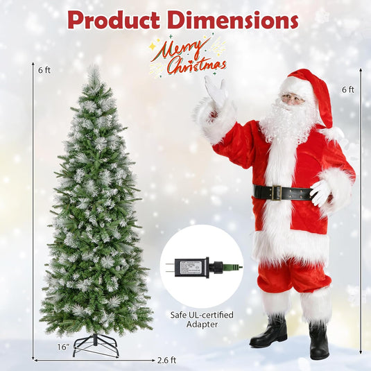 Goplus 6ft / 7.5ft / 9ft Pre-Lit Pencil Christmas Tree with Flocked Frosted Tips & LED Lights