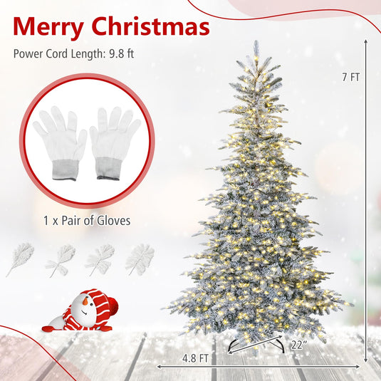 Goplus 6ft/7ft Pre-Lit Snow Flocked Christmas Tree with Warm White LED Lights & Folding Metal Stand
