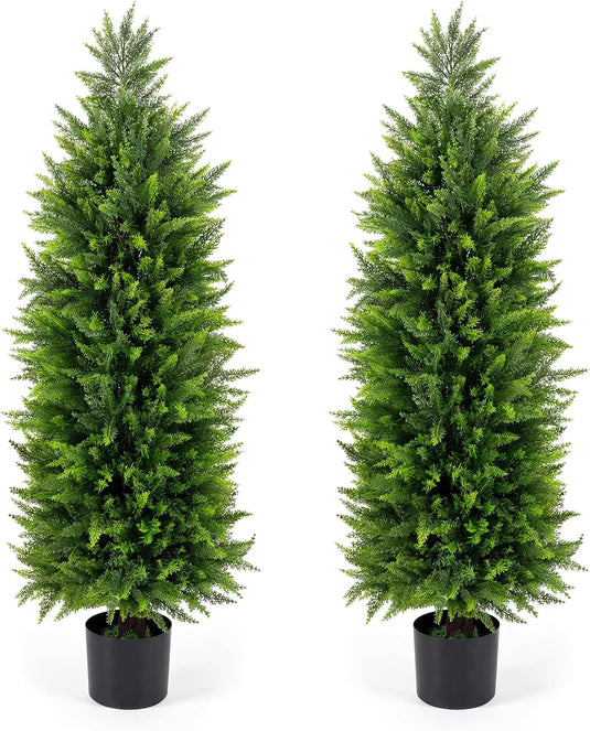 Goplus 4 FT Artificial Faux Cedar Cypress Plants in Cement-Filled Pots Set of 2