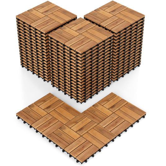 Goplus Checkered Acacia Wood Deck Tiles 12" x 12" Interlocking Floor Tiles for Patio