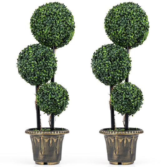 Goplus 3 FT Artificial Boxwood Topiary Tree Sun-Protective Triple Ball Fake Plants Shrubs (1/2 Pack)