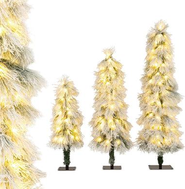 Goplus 3' 4' 5' Pre-Lit Snow Flocked Christmas Tree Set of 3 | Holiday Seasonal Decor
