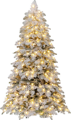 Goplus Pre-Lit Snow Flocked Christmas Tree with Mixed Branch Tips & LED Lights