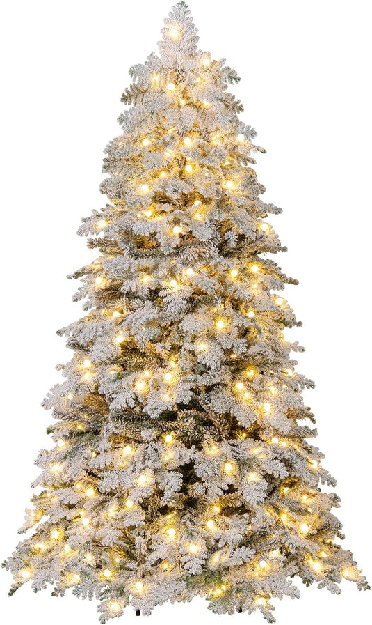 Goplus Pre-Lit Snow Flocked Christmas Tree with Mixed Branch Tips & LED Lights