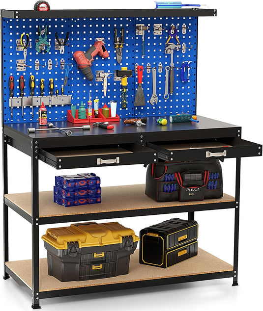 Goplus Workbench, Work Table with Drawer, Pegboard, Hanging Accessories, Topping Space, 48" x 24" with Drawer