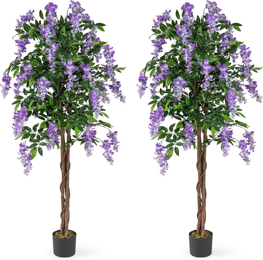 wisteria plant pot Goplus 5.5FT Faux Wisteria Tree in Nursery Pot with Blooming Flowers, Purple / 2 pack
