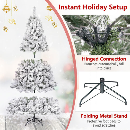 Goplus 6ft/7.5ft Pre-Lit Snow Flocked Christmas Tree with LED Lights | Holiday Decoration Snowy Tree