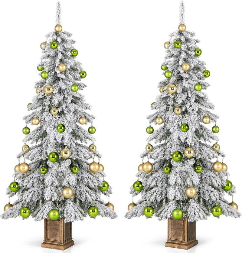 Load image into Gallery viewer, Goplus 6ft Snow Flocked Christmas Tree for Entrances, Hinged Artificial Potted Xmas Tree with 48 Ball Ornaments

